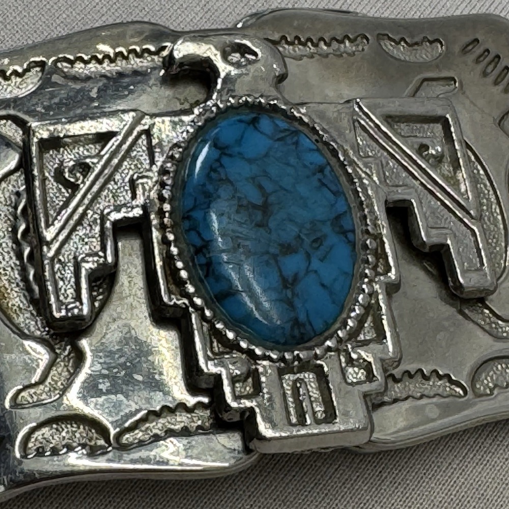 Faux Turquoise and Silver Tone Western Belt Buckle - Picture 3 of 7